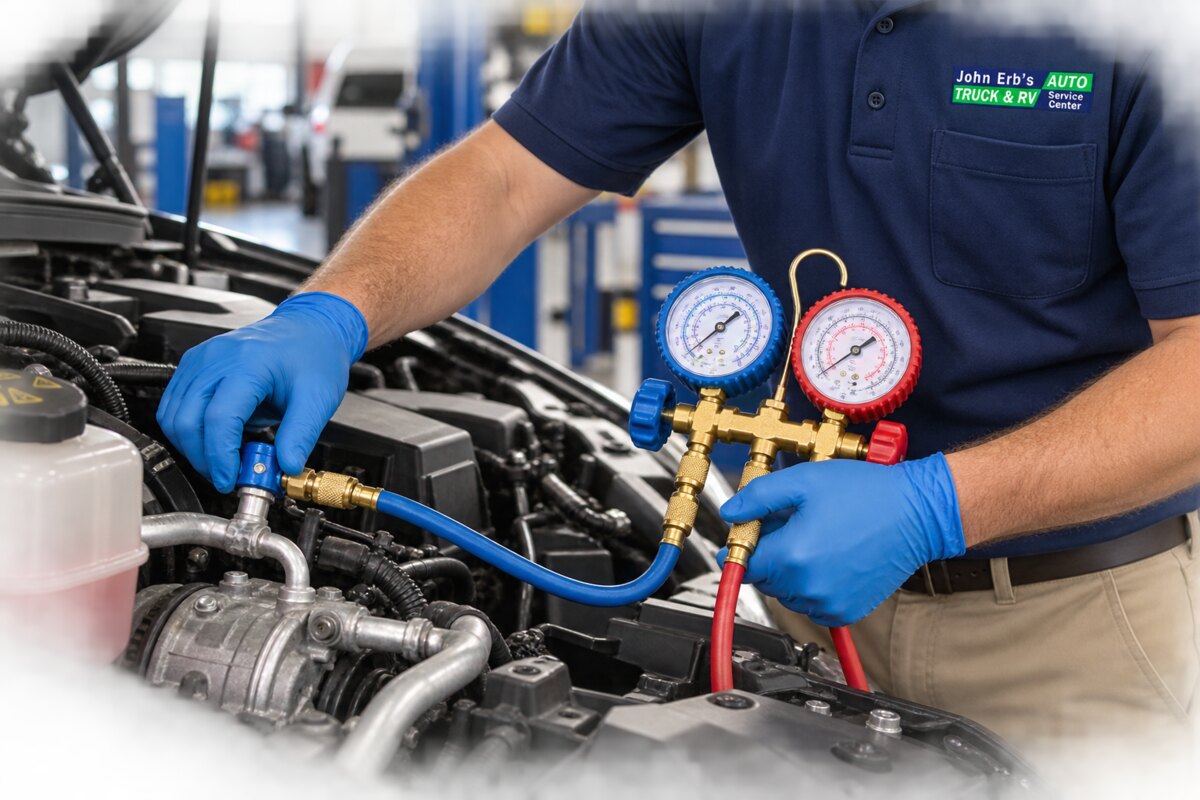 A technician checking an automotive air-conditioning system